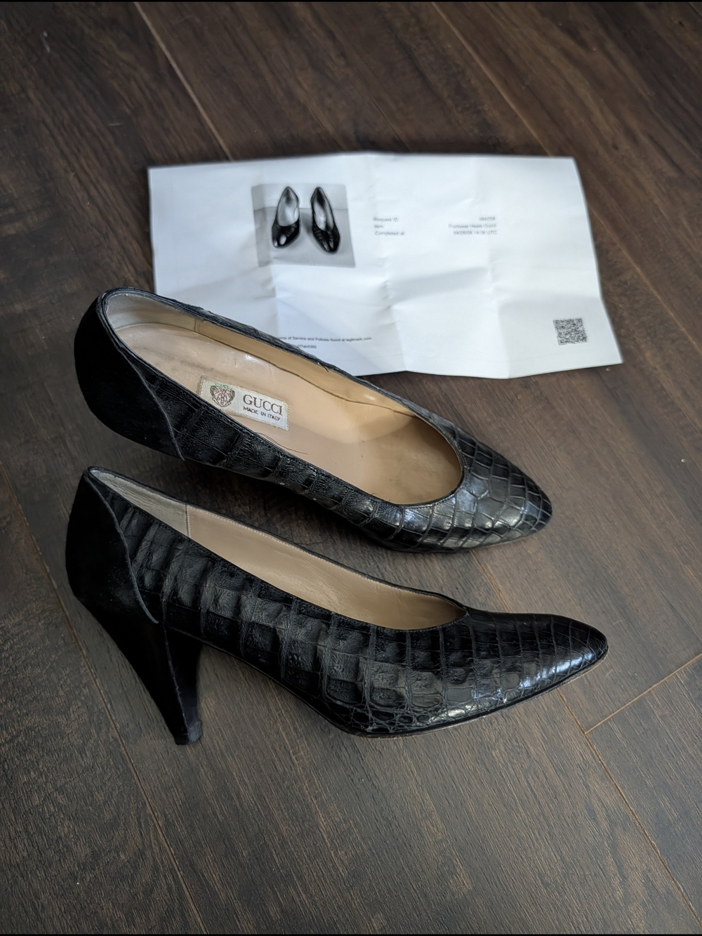 Gucci Black Genuine CROCODILE Skin Pointed Toe Made In Italy Heels 38B